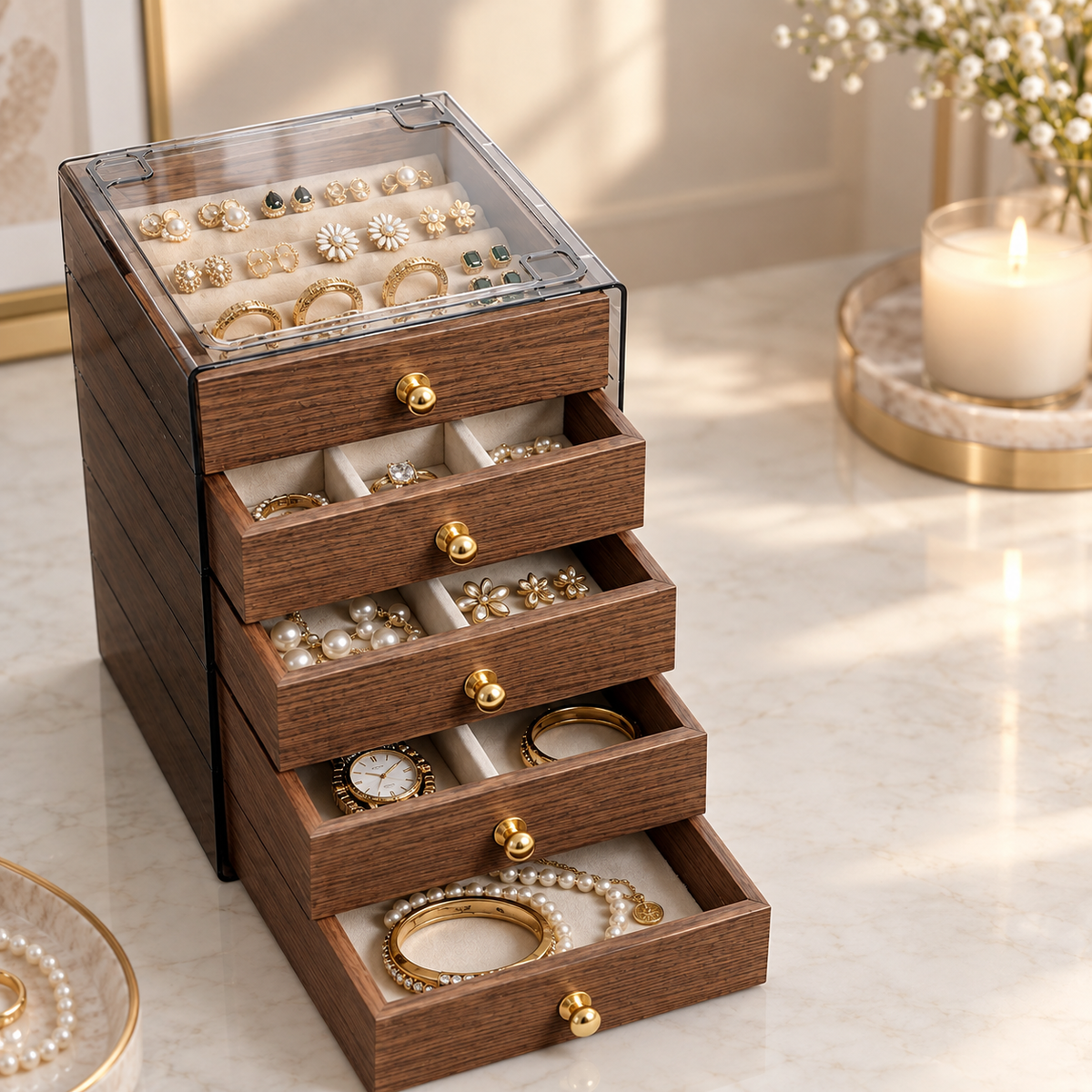 Walnut wood jewelry box with clear glass lid and tiered drawer compartments