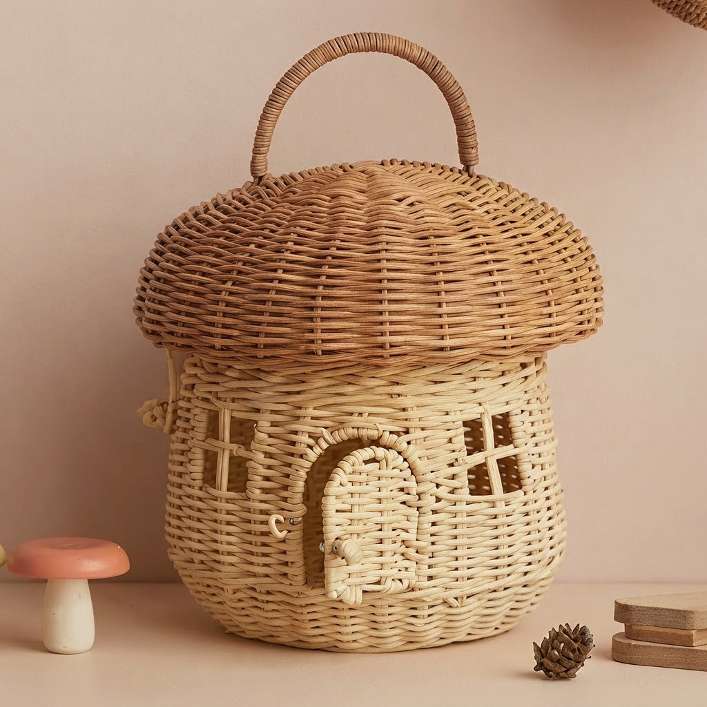 Muris woven rattan mushroom storage basket, khaki with arched handle and open front panel