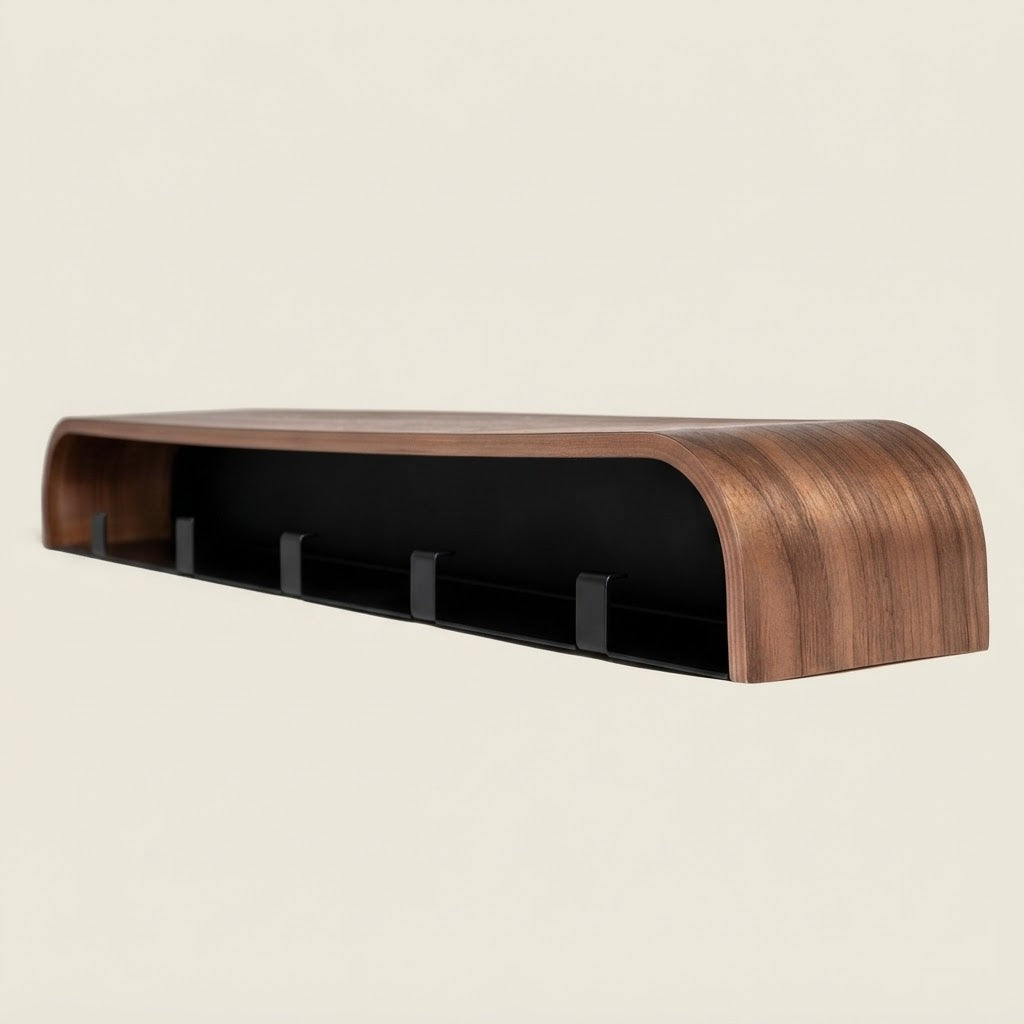 Wall-mounted concealed hook rail with walnut wood curved profile and hidden hook slots