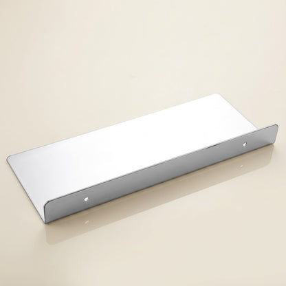 White floating stainless steel shelf with gray underside and two mounting holes.