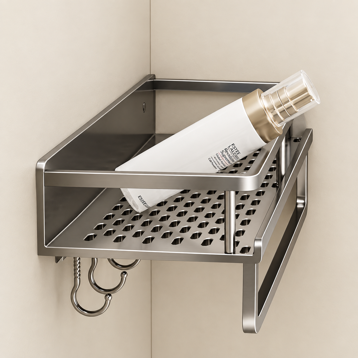 Aluminium perforated shower caddy shelf with bottle on perforated tray and hooks