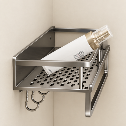 Aluminium perforated shower caddy shelf with bottle on perforated tray and hooks