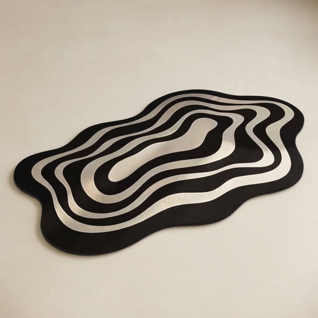 Black and beige wavy ripple diatomite non-slip bath mat with contoured pattern