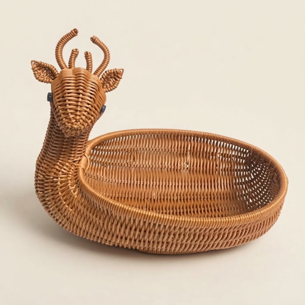 Woven bamboo animal storage basket with deer antlers, curved oval tray and legs