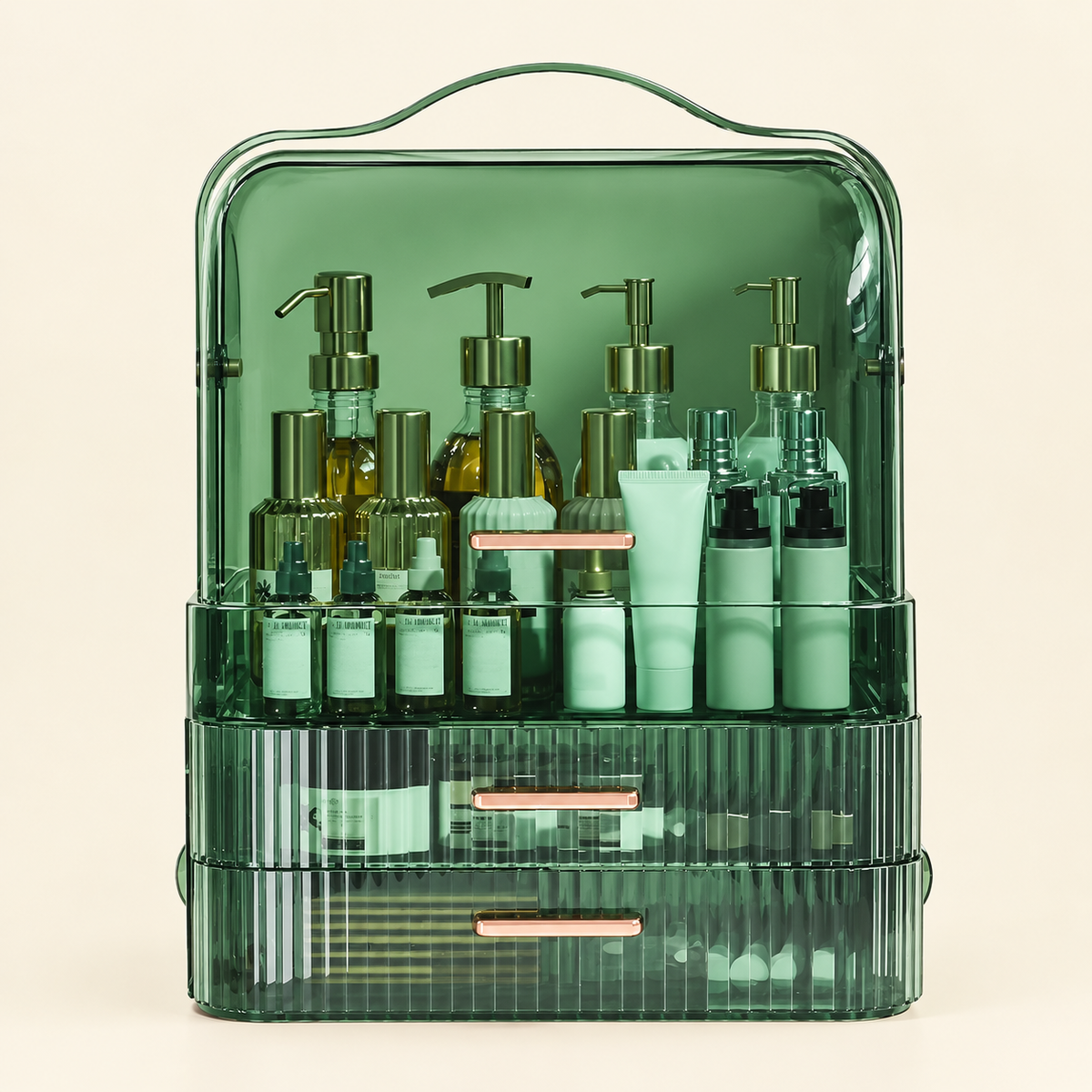 Green multi-tier makeup organiser with lid, stacked compartments for cosmetics and bottles