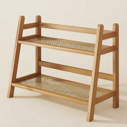 Bamboo 2-tier countertop rack with two woven shelves and side supports