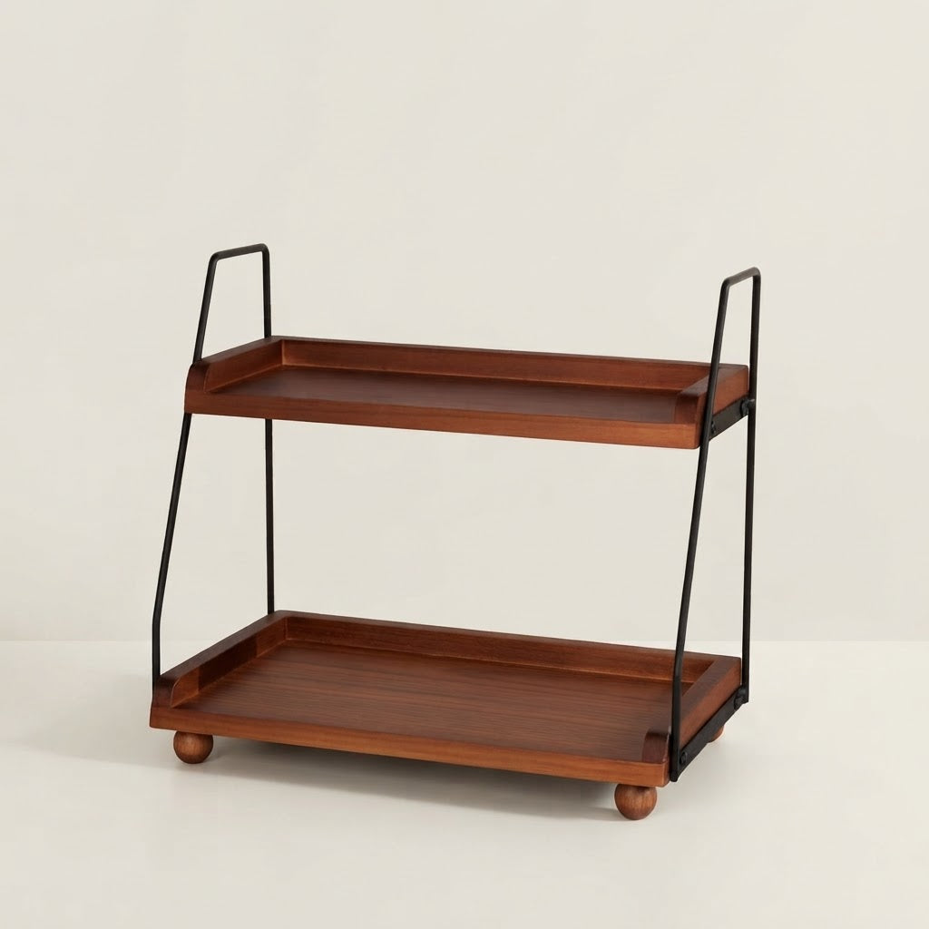 Two-tier kitchen worktop rack with dark wooden shelves and black metal frame