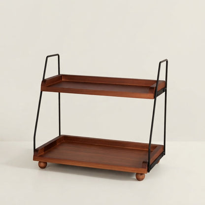Two-tier kitchen worktop rack with dark wooden shelves and black metal frame
