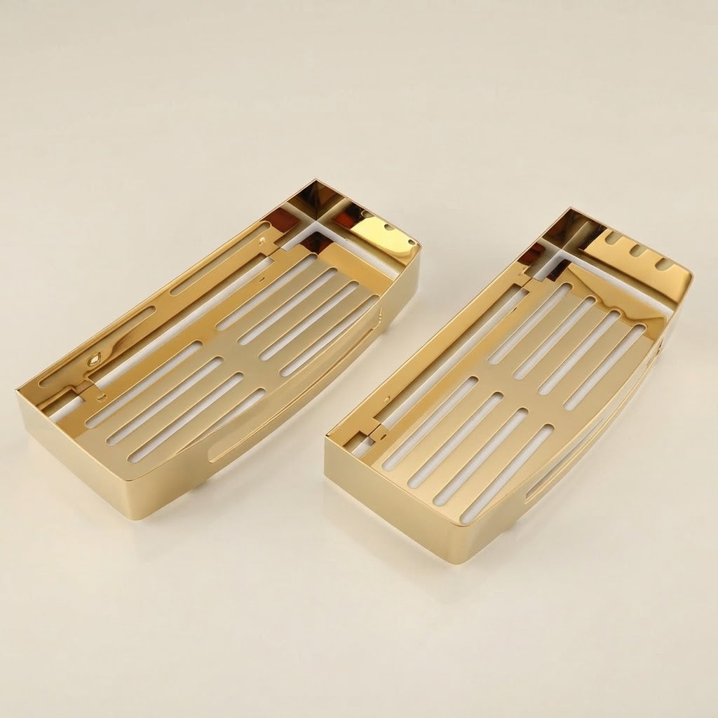 Gold stainless steel wall shower caddy, single shelf with slotted drainage base