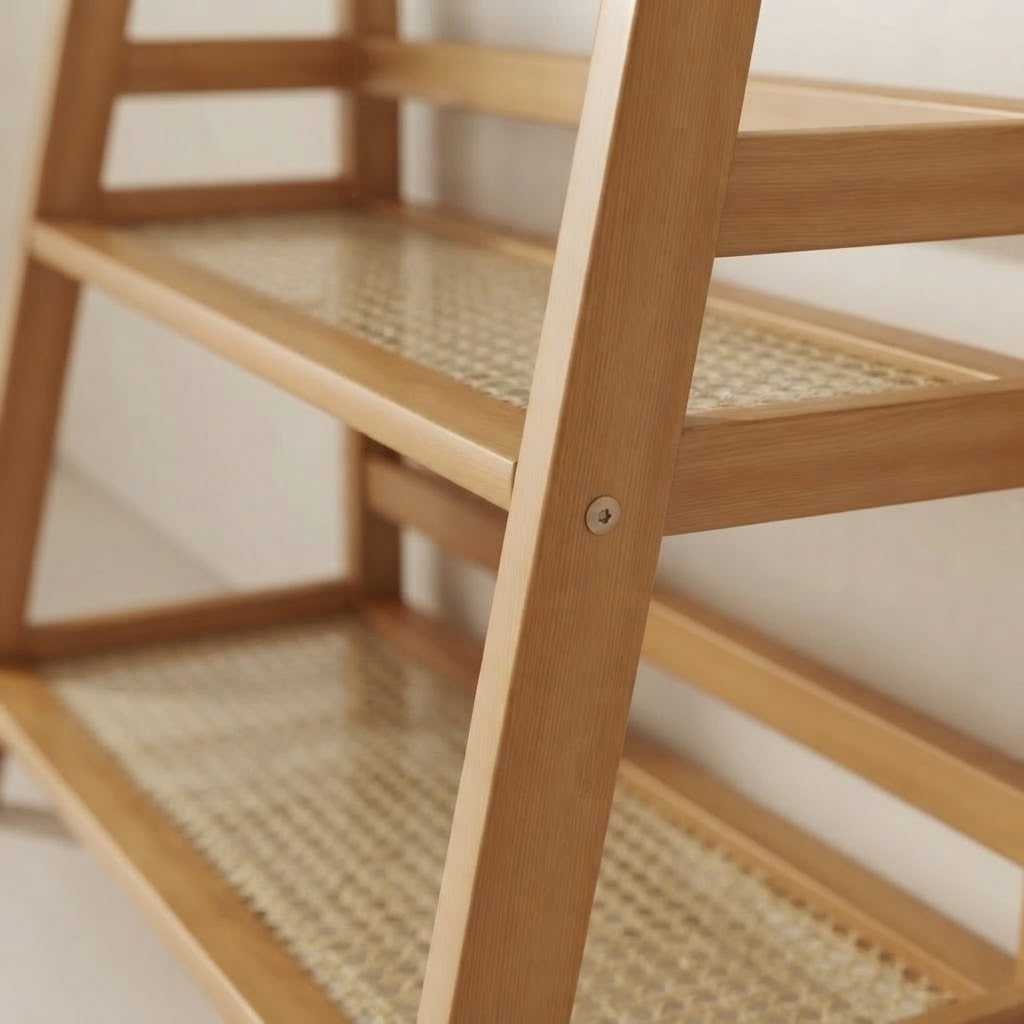 Bamboo rack corner with woven shelf and round support bolt