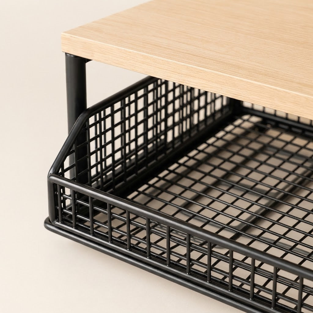 Black pull-out kitchen basket rack under wooden worktop with wire base