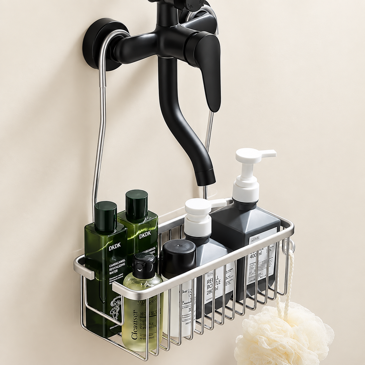 Silver hanging shower tap caddy wire basket holding toiletries and soap pump