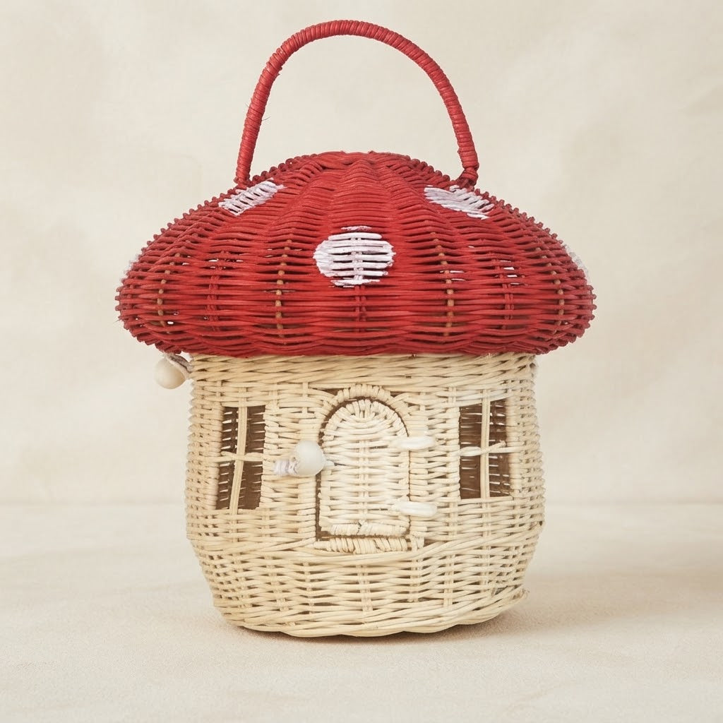 Muris woven rattan mushroom storage basket, red top with loop handle and beige body