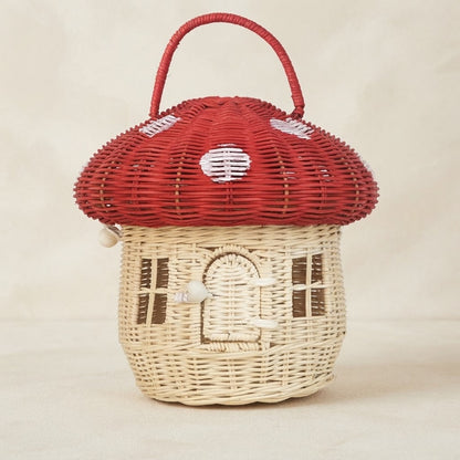 Muris woven rattan mushroom storage basket, red top with loop handle and beige body