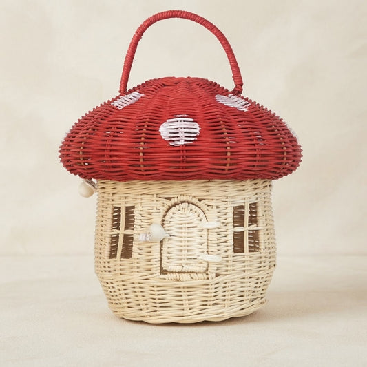 Muris woven rattan mushroom storage basket, red top with loop handle and beige body