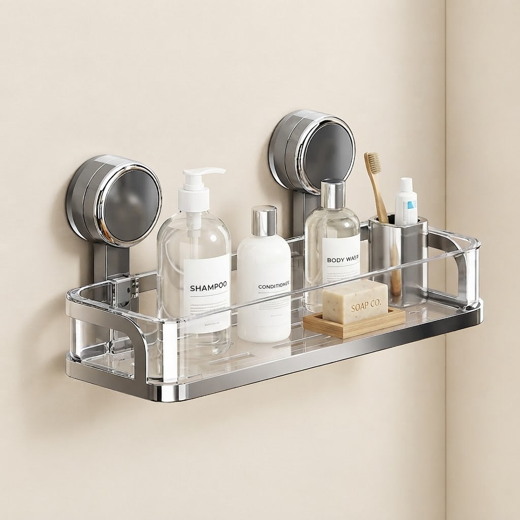 Korva suction-cup shower caddy with clear acrylic shelf holding toiletries and brush, 1 tier.