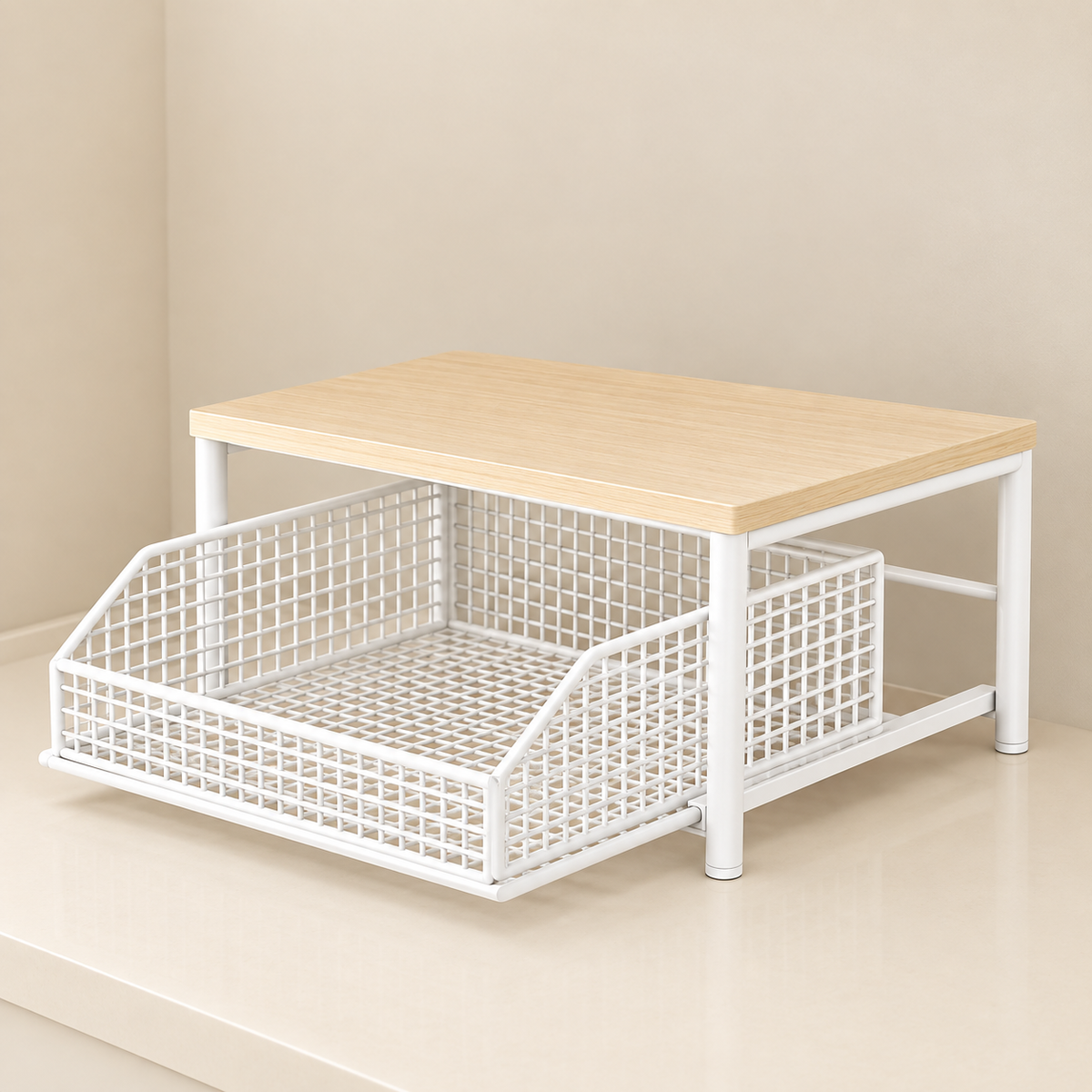 White pull-out kitchen basket rack with wooden top and wire storage shelf