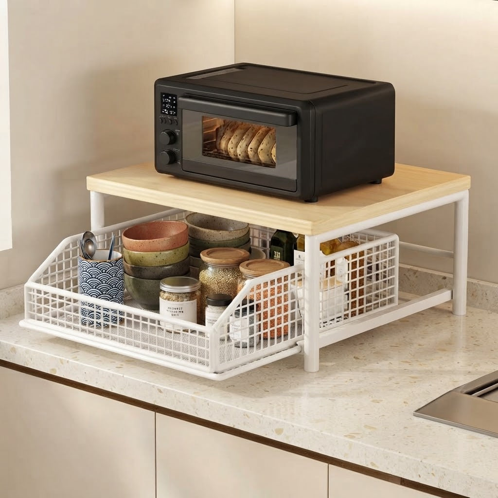 White pull-out kitchen basket rack with wooden top and front wire basket