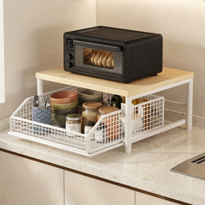 White pull-out kitchen basket rack with wooden top and front wire basket