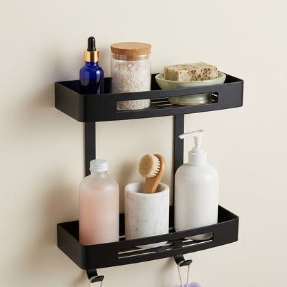 Black stainless steel wall shower caddy, two-tier shelves with side handles