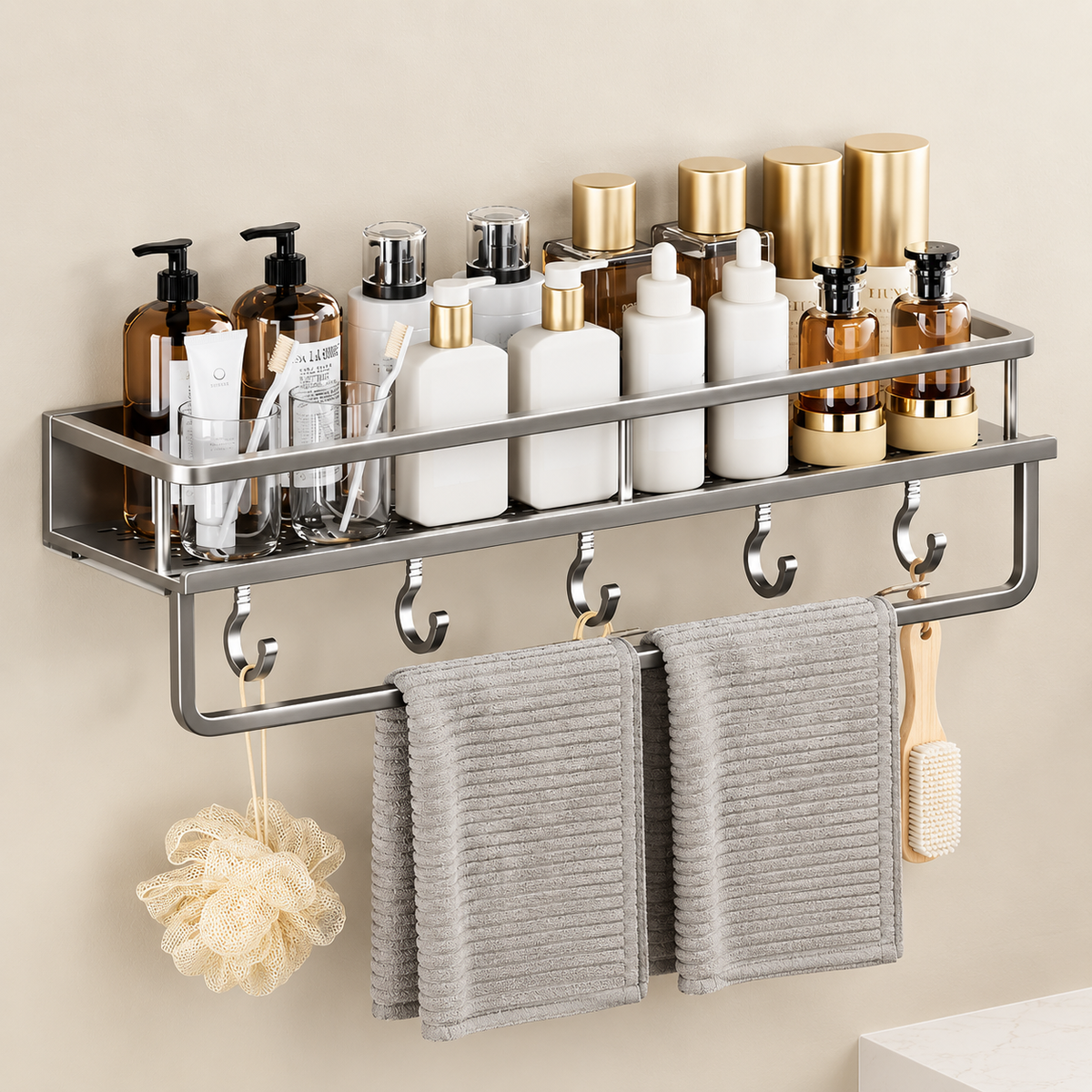 Aluminium perforated shower caddy shelf with towel bar, four hooks, and gray towels