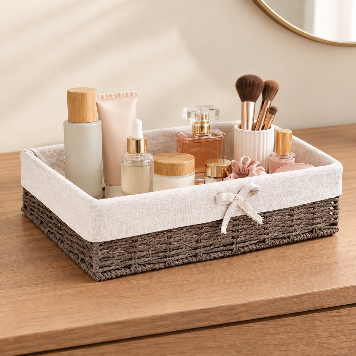 Beige fabric-lined woven storage basket with bow detail holding cosmetics on a table