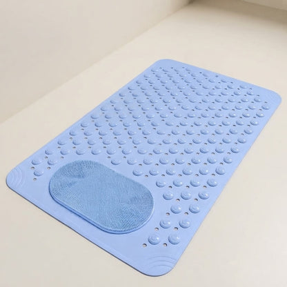 Non-slip shower mat with foot scrubber, light blue textured bumps and oval mesh pad