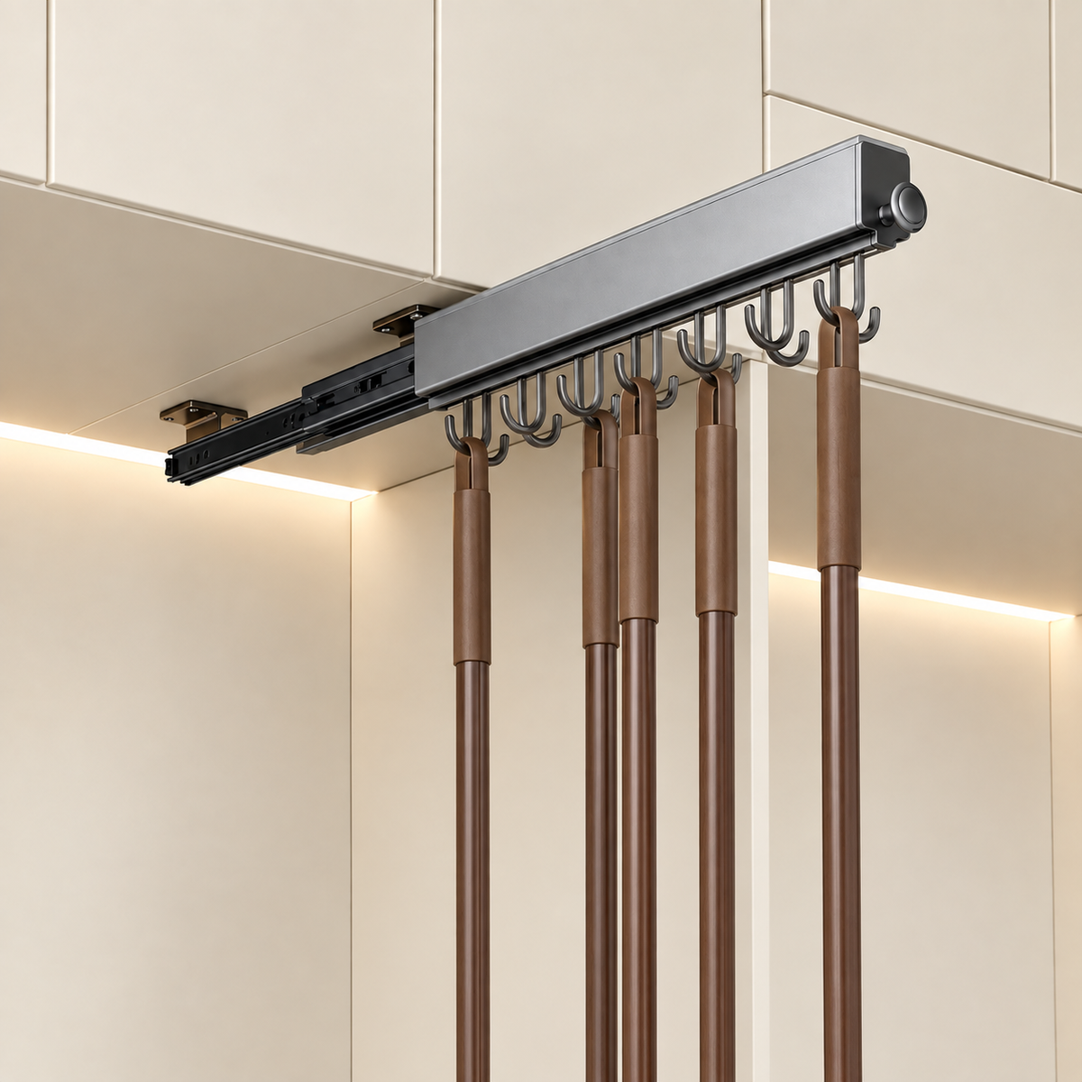 Grey pull-out hook rail with multiple curved hooks and brown hanging rods