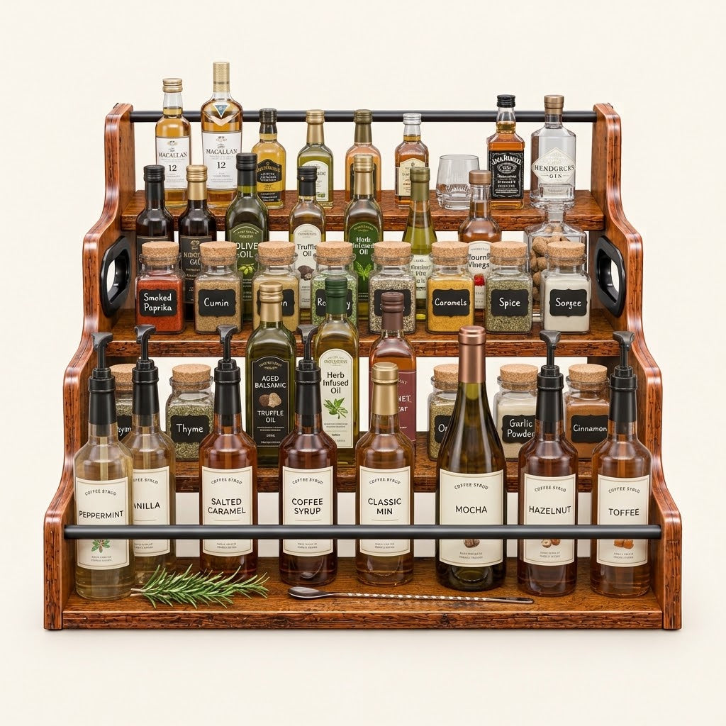 Rustic wood tiered kitchen organiser with three shelves, metal bars, and bottles on display
