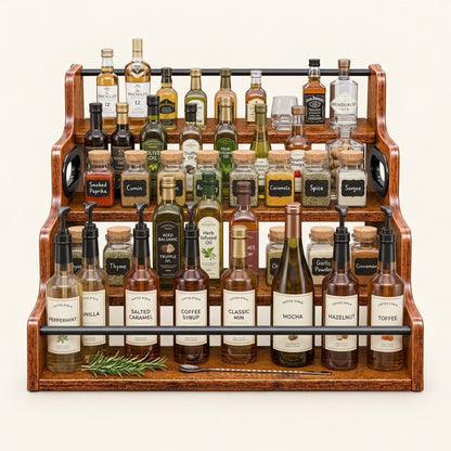 Rustic wood tiered kitchen organiser with three shelves, metal bars, and bottles on display