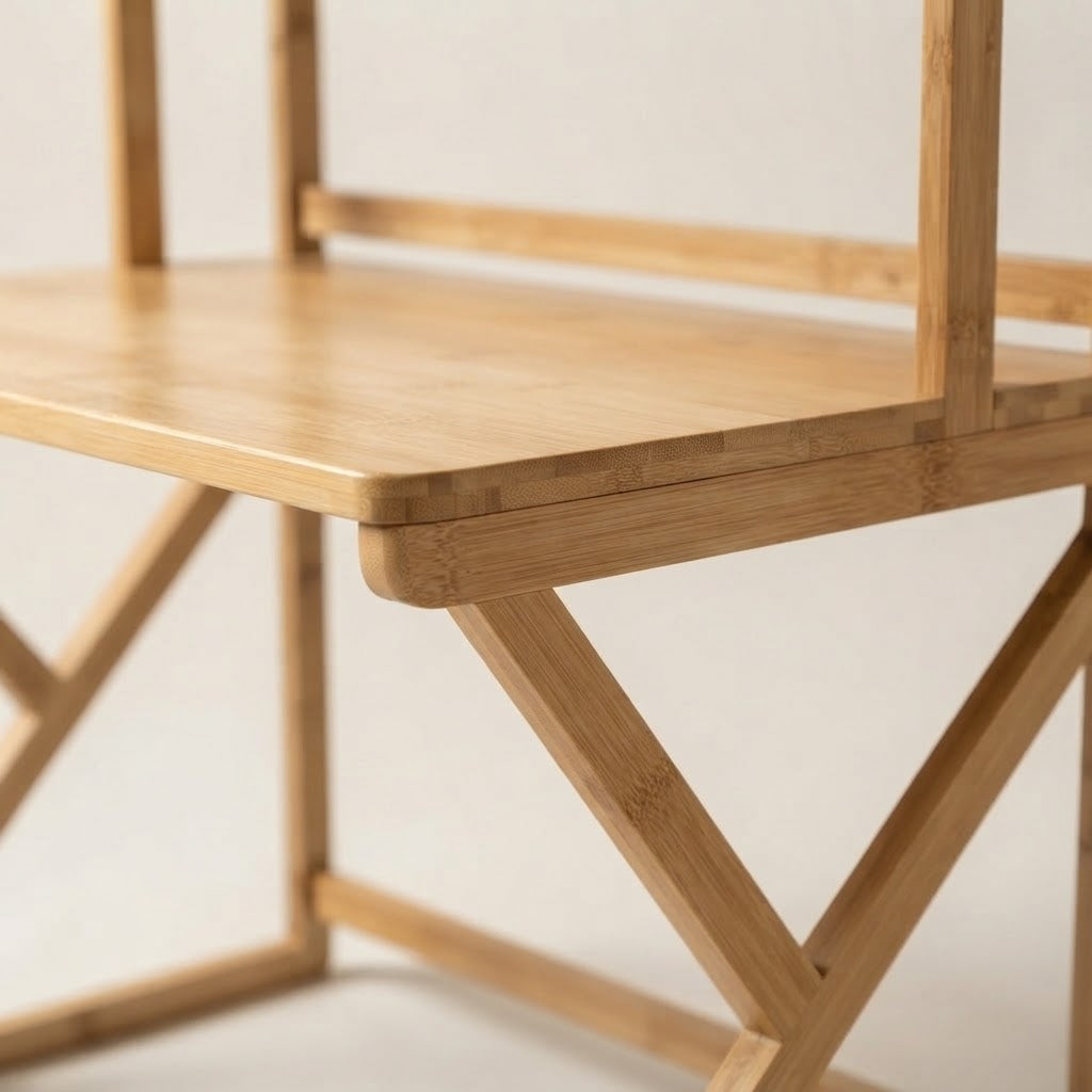 Lorvi wooden 2-tier shelf corner detail with diagonal support and flat top