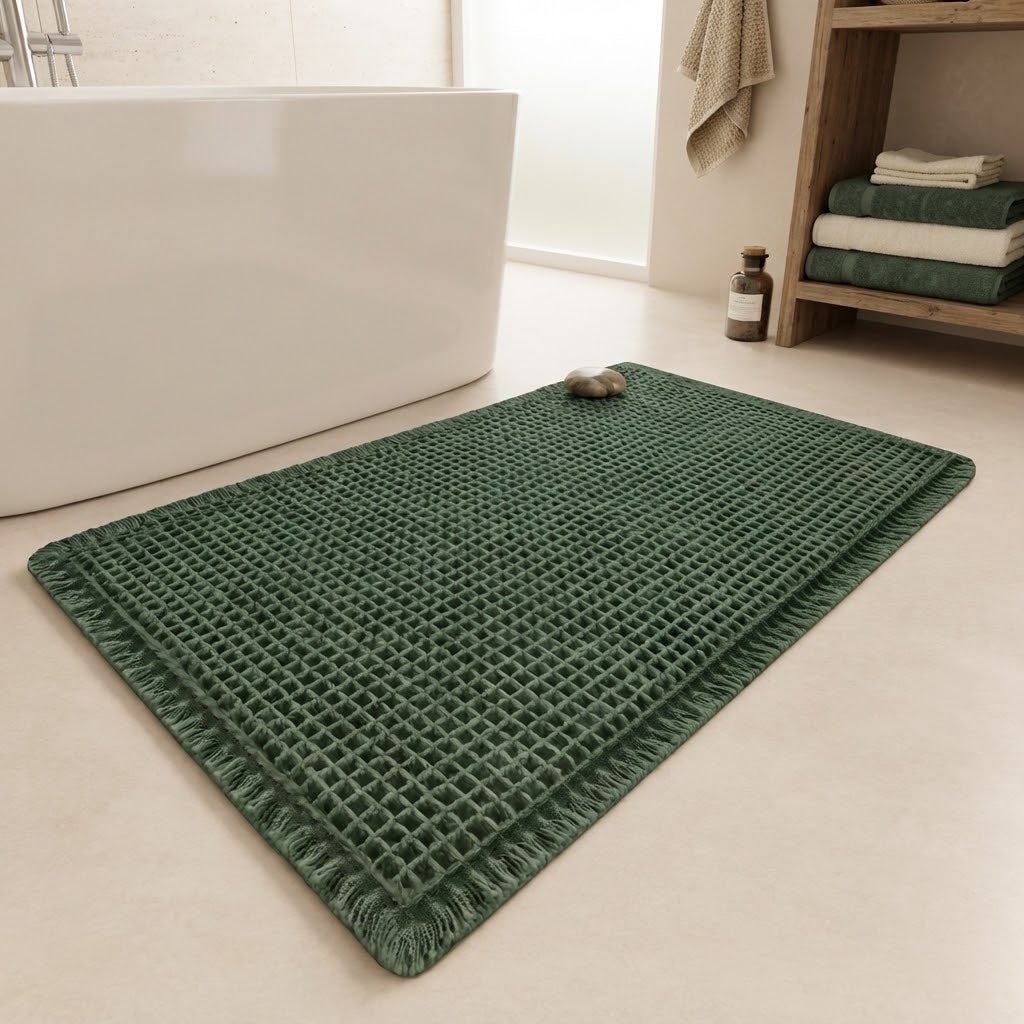 Green waffle bath mat with fringed edge detail and non-slip backing