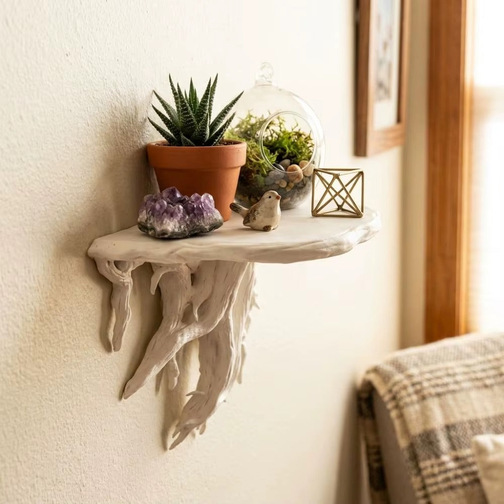 White rustic root floating wall shelf with carved root drips