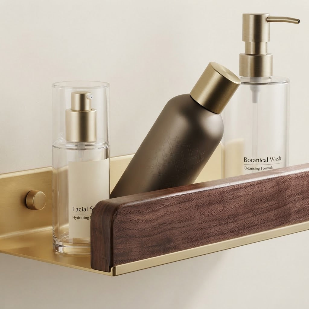 Walnut wood floating shelf holding bathroom bottles on a light gold base