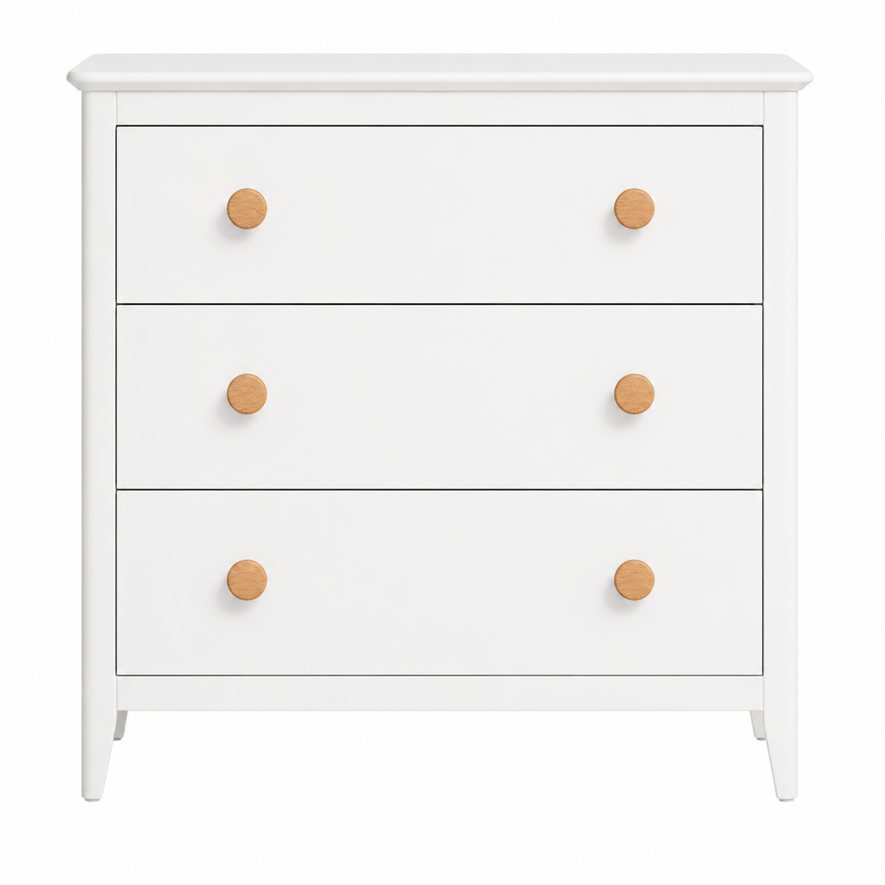 White dresser drawers with round light wood flared knobs, six on three drawers