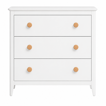 White dresser drawers with round light wood flared knobs, six on three drawers
