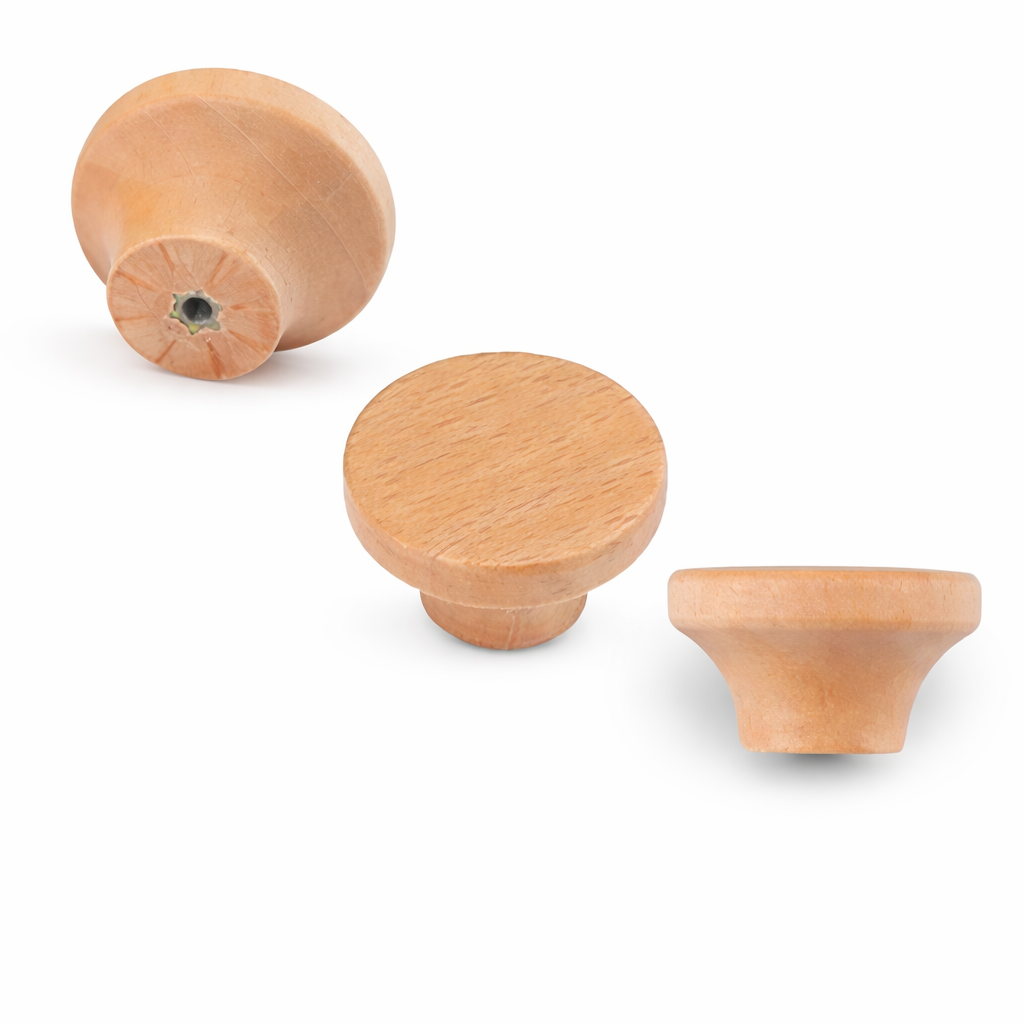 Light wood flared drawer knobs set, round top with flared base, underside visible