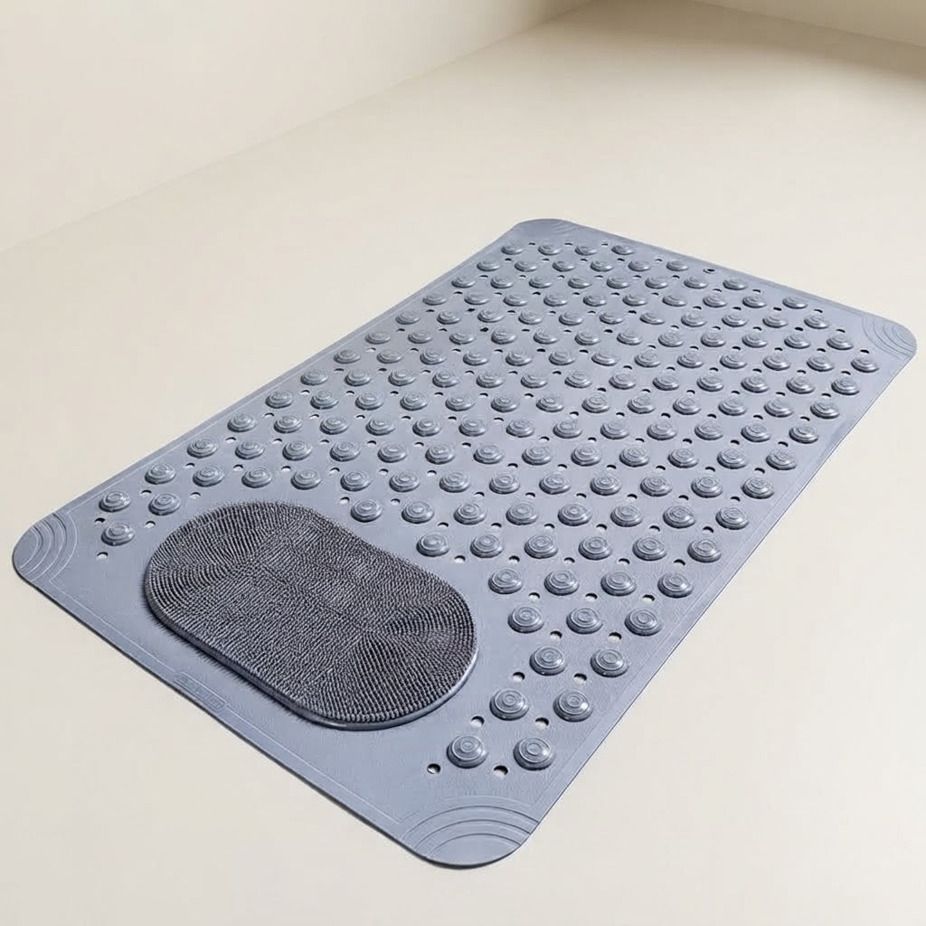 Non-slip shower mat with foot scrubber, medium grey textured bumps and oval mesh pad