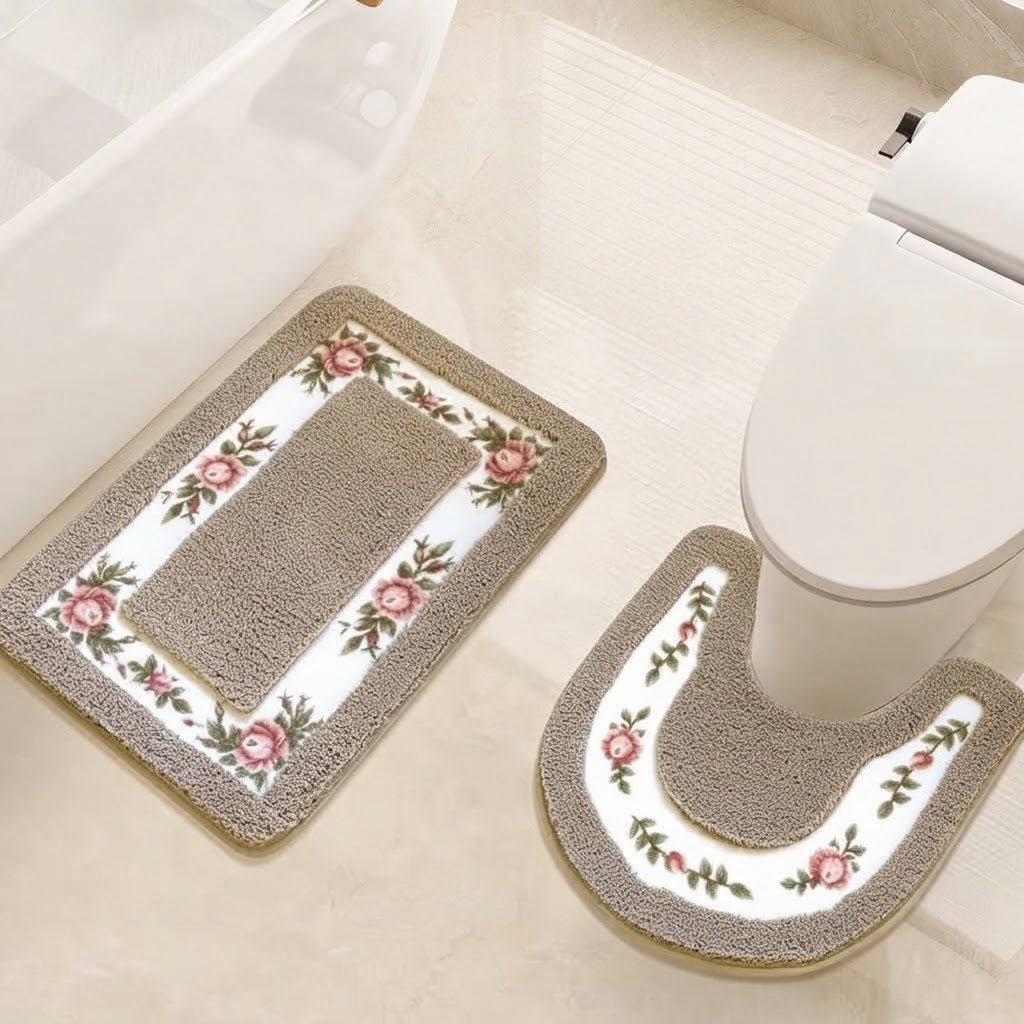 Floral non-slip bath mat set in camel with rectangular rug and U-shaped toilet mat