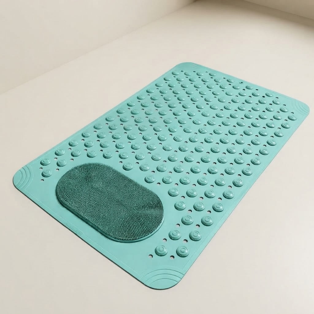 Non-slip shower mat with foot scrubber, teal textured bumps and oval mesh pad