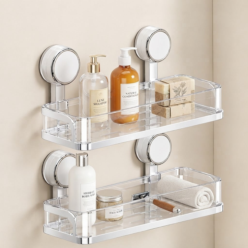 Korva suction-cup shower caddy with clear acrylic shelves and toiletries, 2 tiers.
