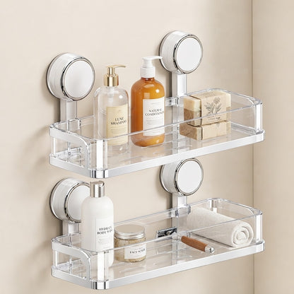 Korva suction-cup shower caddy with clear acrylic shelves and toiletries, 2 tiers.