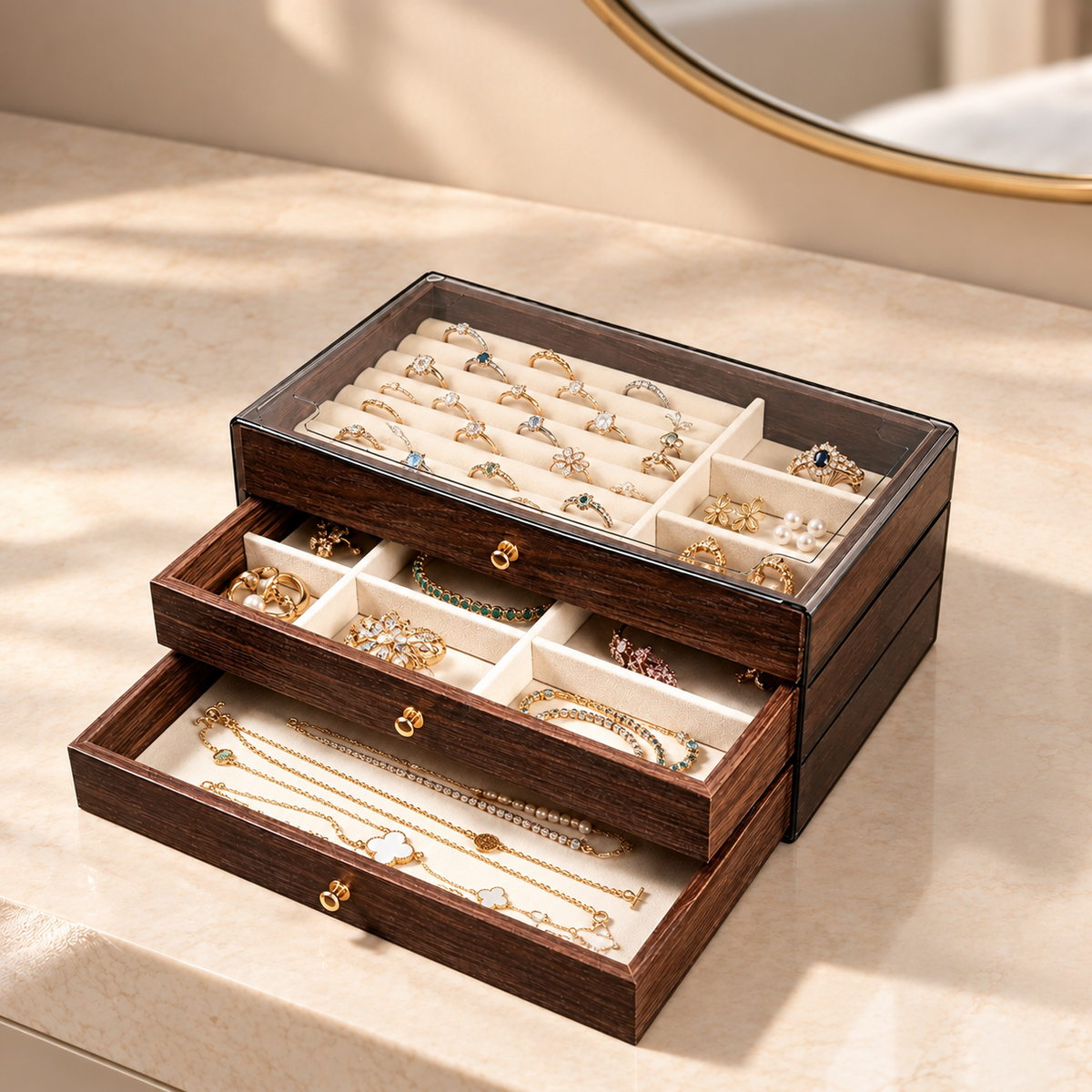 Walnut wooden jewellery box with open tiers, necklace slots, and ring compartments with accessories