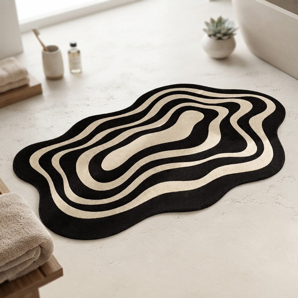 Black and beige wavy ripple non-slip bath mat laid on bathroom floor