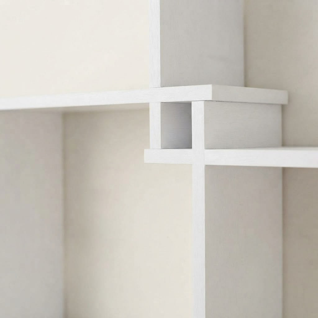 White cube wall shelf with modular open compartments and thick top ledge