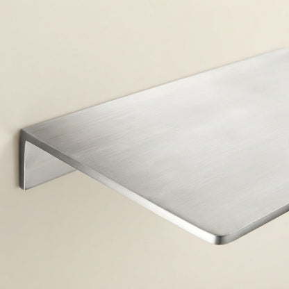 Brushed stainless steel floating shelf with angled side bracket and smooth rectangular ledge.