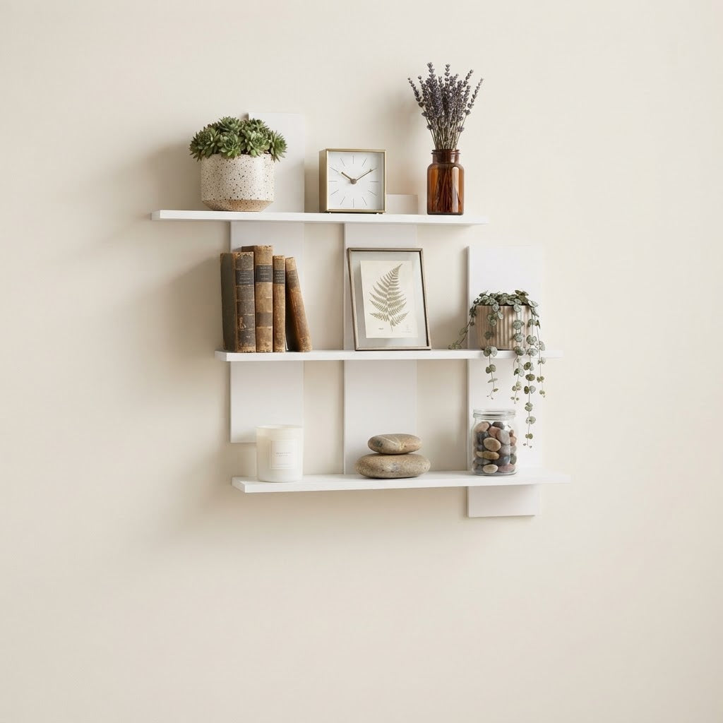White asymmetrical three-tier floating wall shelf with stacked open compartments