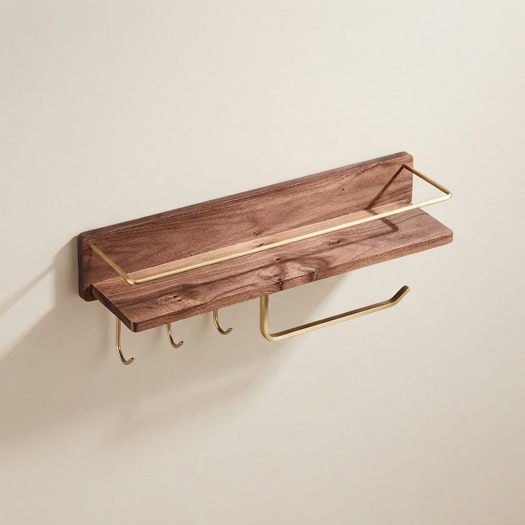Brown solid wood floating shelf with gold-tone rail and three hanging hooks