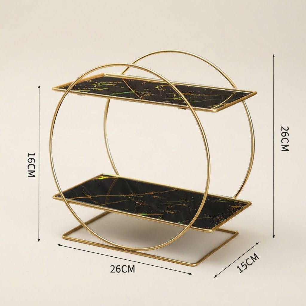 Black marble-effect 2-tier bathroom countertop organizer with gold frame, 26x15x23cm.