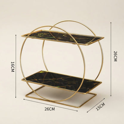 Black marble-effect 2-tier bathroom countertop organizer with gold frame, 26x15x23cm.